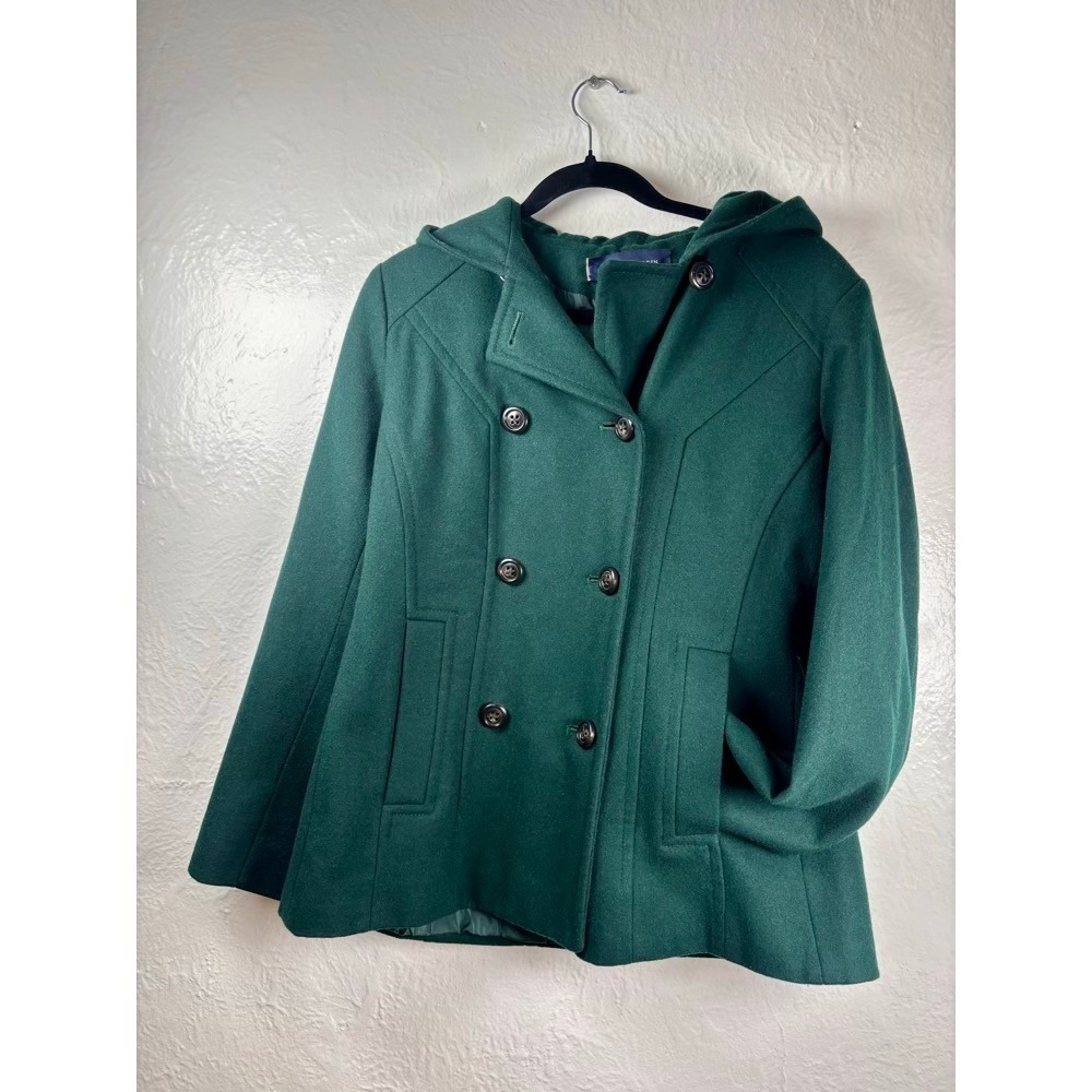 Anne Klein Hunter Green Wool Blend Hooded Double Breasted Pea Coat XL Luxury